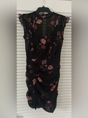 Express Black Floral Sheer Overlay Mini Dress Ruffle Sleeve S